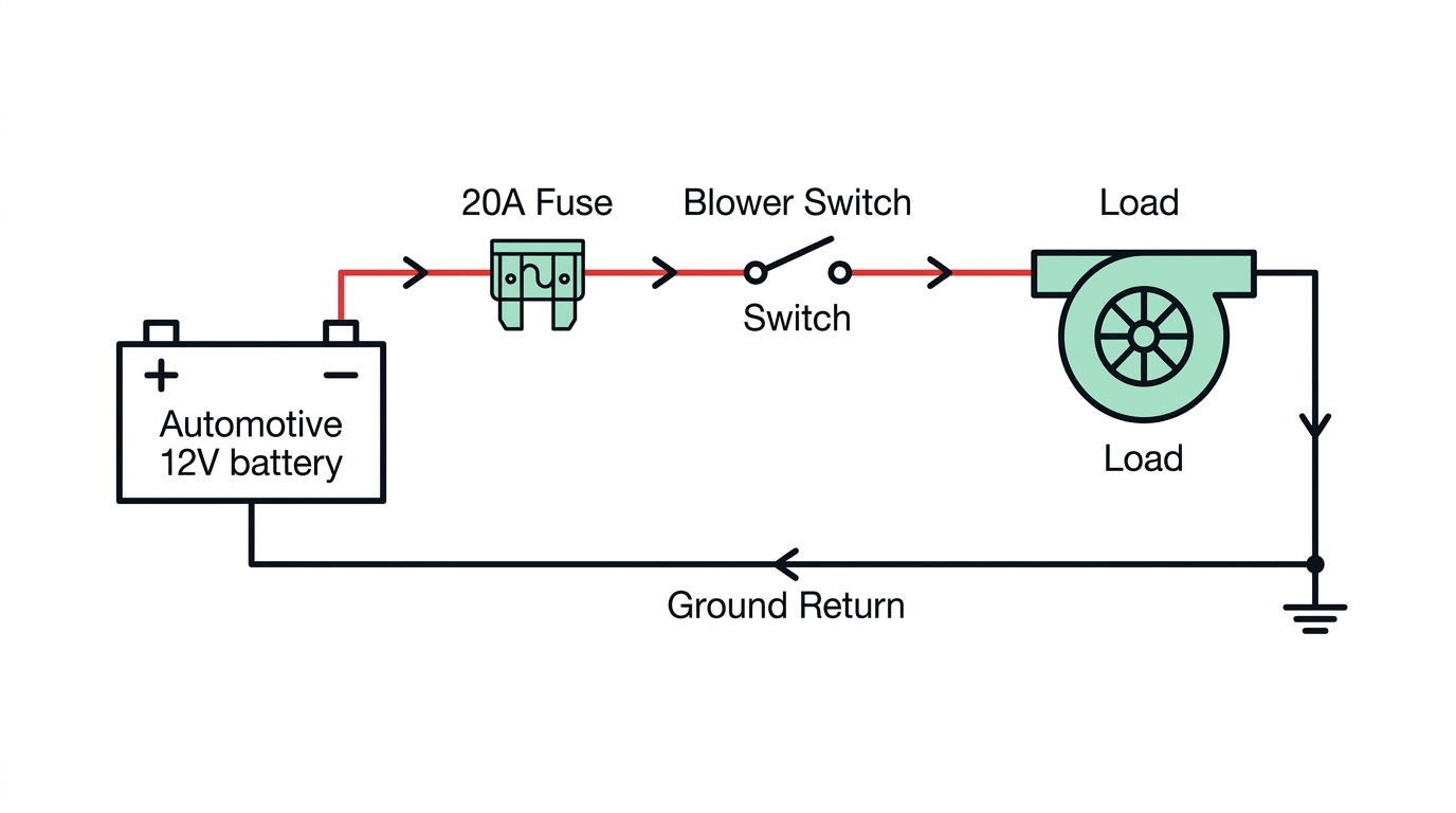 A clear automotive wiring schematic diagram. On the left, a 12V automotive battery with positive (+) and negative (-) terminals. A red line extends from positive terminal to a blade fuse labeled 20A Fuse. From the fuse, the red line continues to a simple single-pole switch labeled Blower Switch. Fro