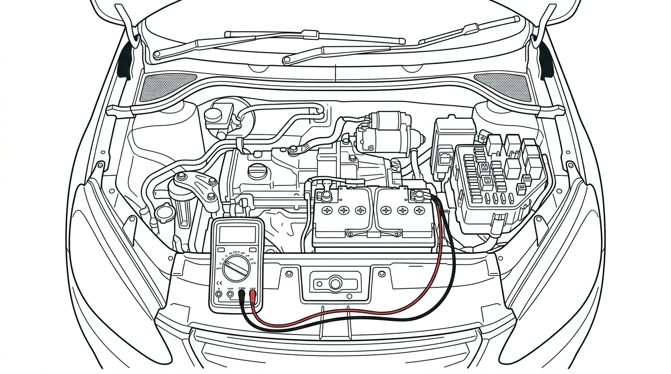 Top-down view of the engine bay showing the multimeter resting on the slam panel configured for DC voltage testing.
