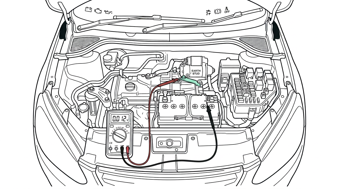 Probes positioned with red lead on the engine earth stud and black lead on the negative battery terminal.