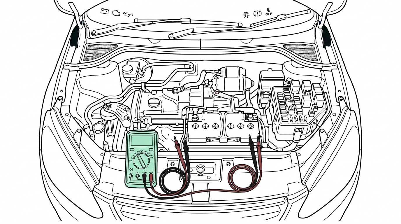 Engine bay with probes disconnected and multimeter switched off following test completion.